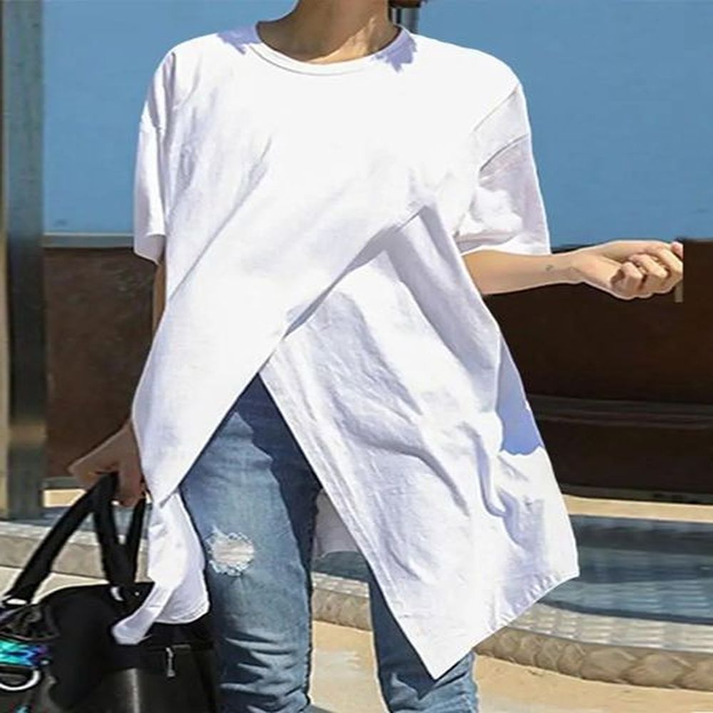 vonda top womens sexy short sleeve oneck casual split tuned
