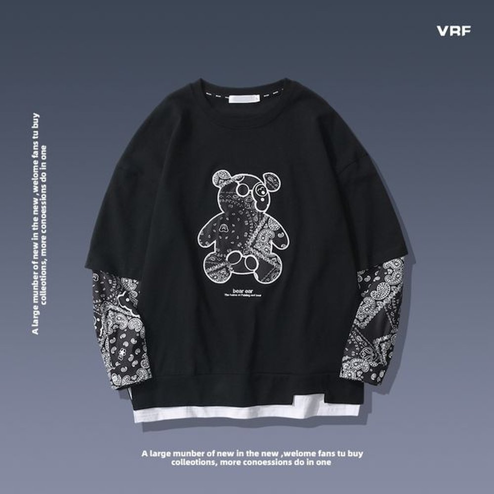 VRF bear cashew nut flower antique small sweater men's spring vacation two long sleeved T-shirts BF style lovers jacket