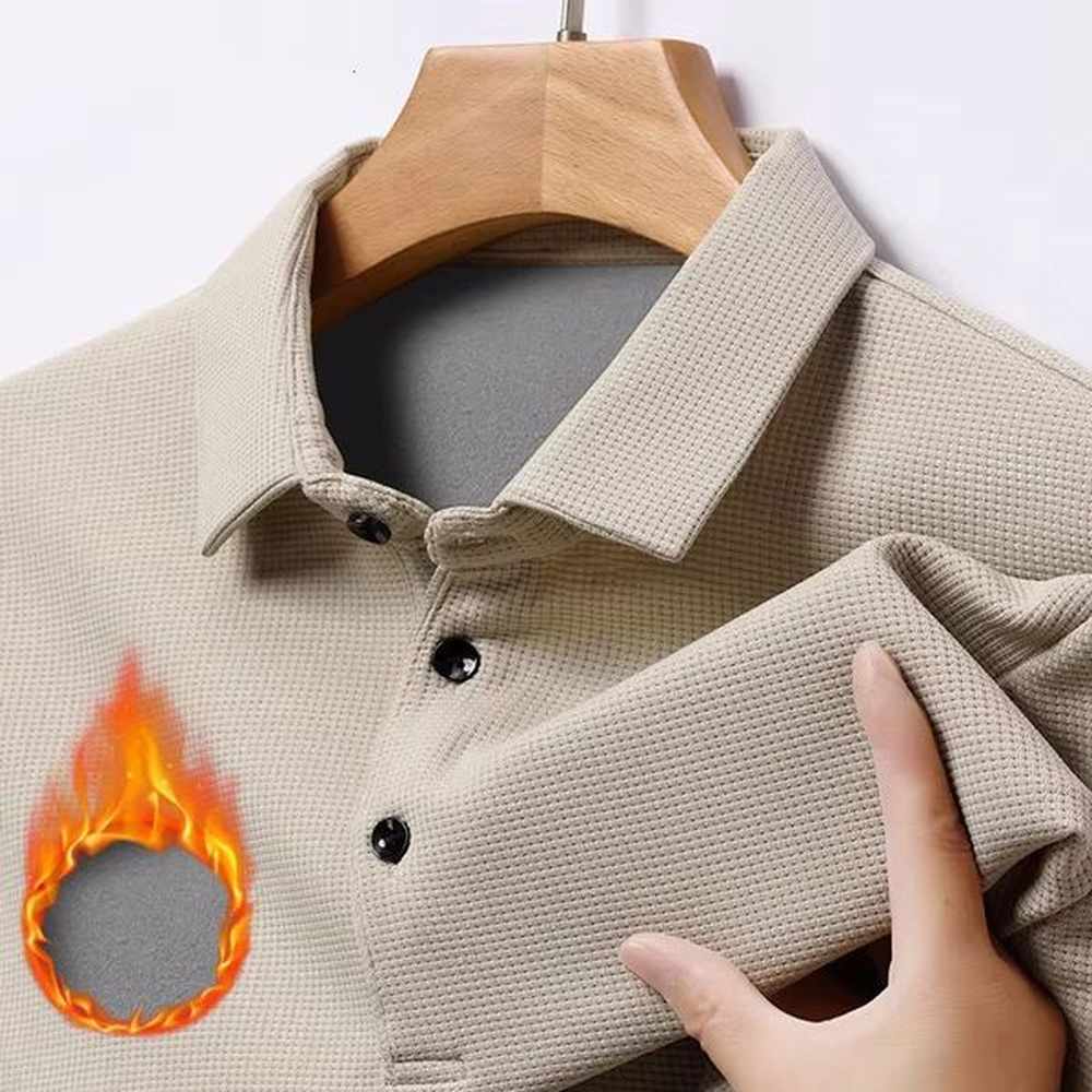 Waffle Fleece Thicken Fashion Polo Shirt Men Winter Warm Plush Business T-Shirt Tops Male Casual Button Lapel Long Sleeve Shirts 241206
