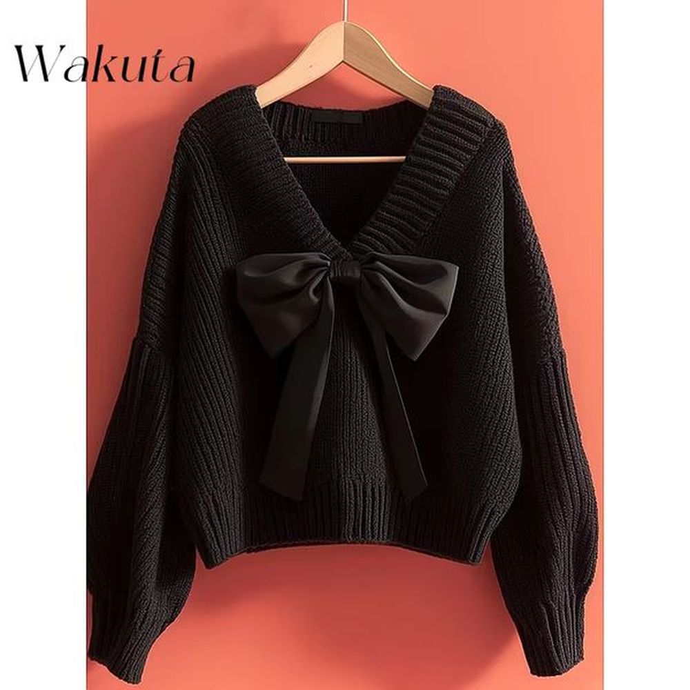 wakuta fall classic vneck longsleeved black pullovers fashion bow decorative