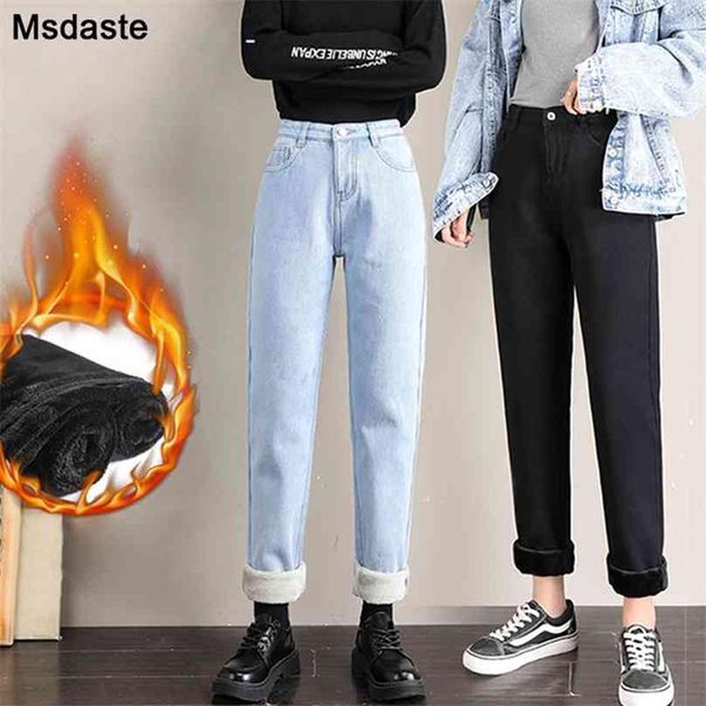 warm jeans winter velvet thick mom high waist harem trousers