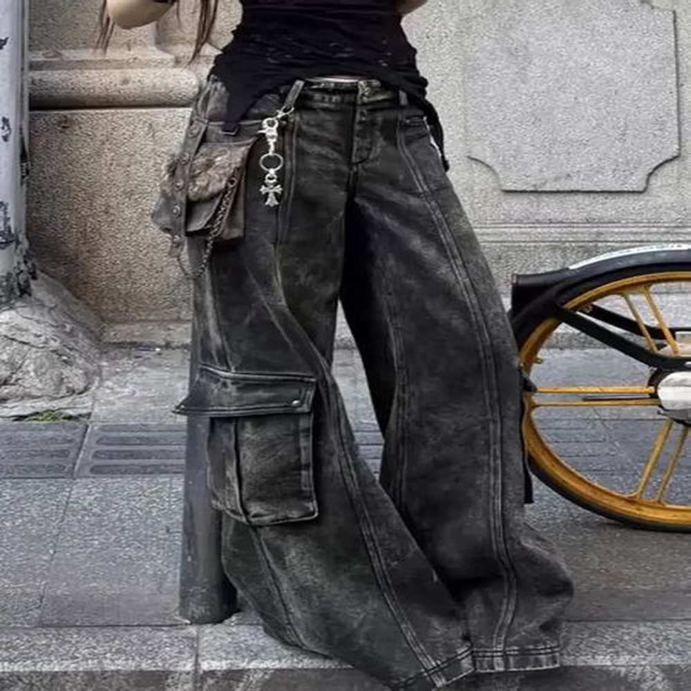 washed and distressed large size multipocket cargo pants womens streetwear