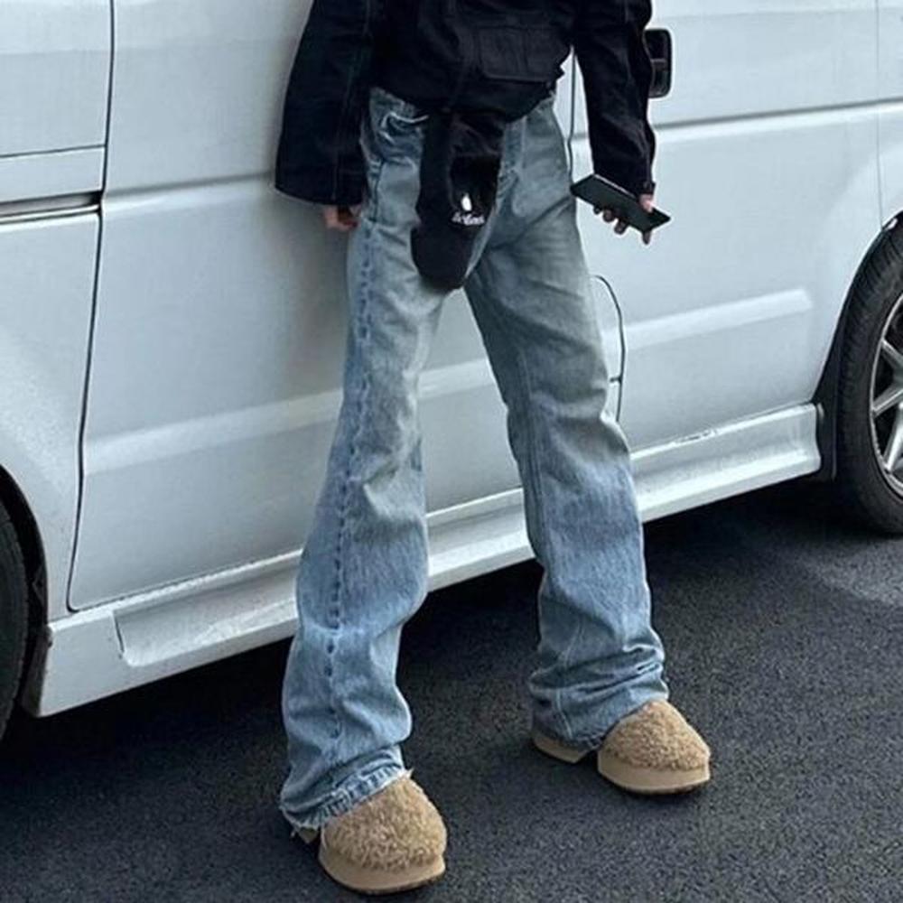 Washed Vintage Solid Jeans Men's Straight Baggy Flare Pants Unisex Oversized Casual Denim Trousers