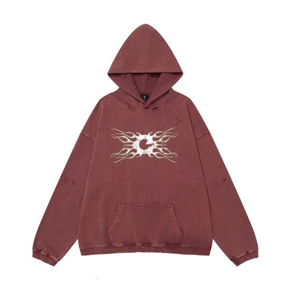 Wasteland washing water, breaking holes, making old hoodies, men's autumn and winter creative flame printed loose fitting pullover hood