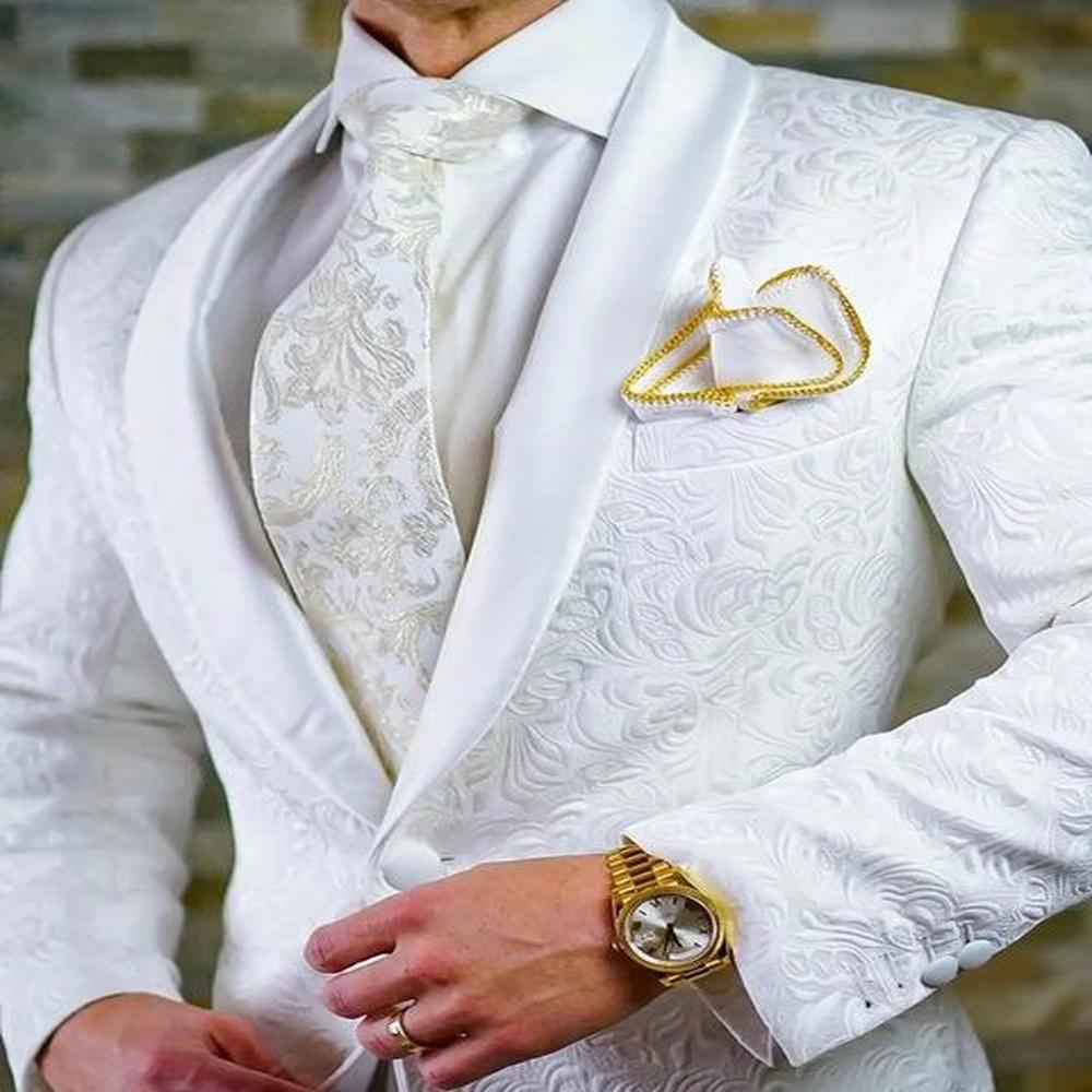 Wedding jacket mens single chest shawl collar white jacquard fabric two-piece set jacket pants elegant grooms clothing 241108