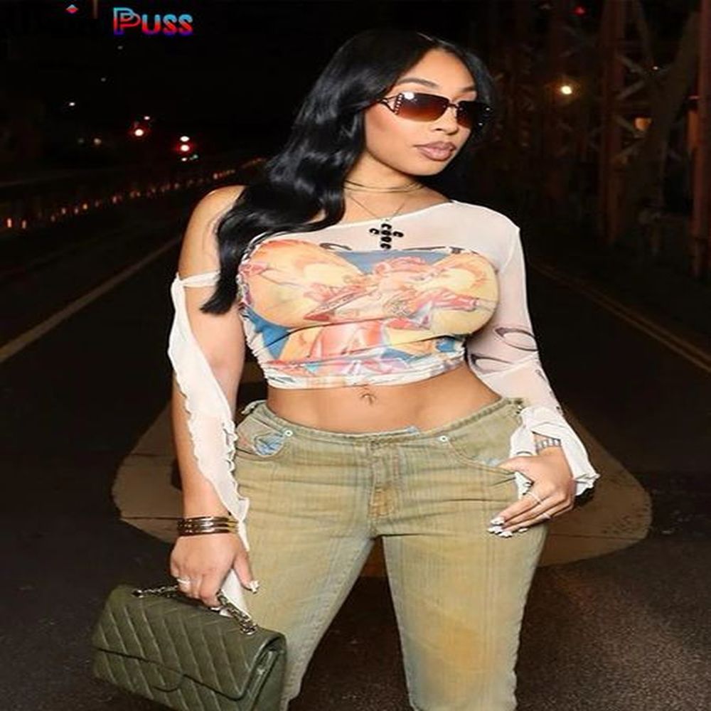 weird puss one shoulder crop tops women see through biased