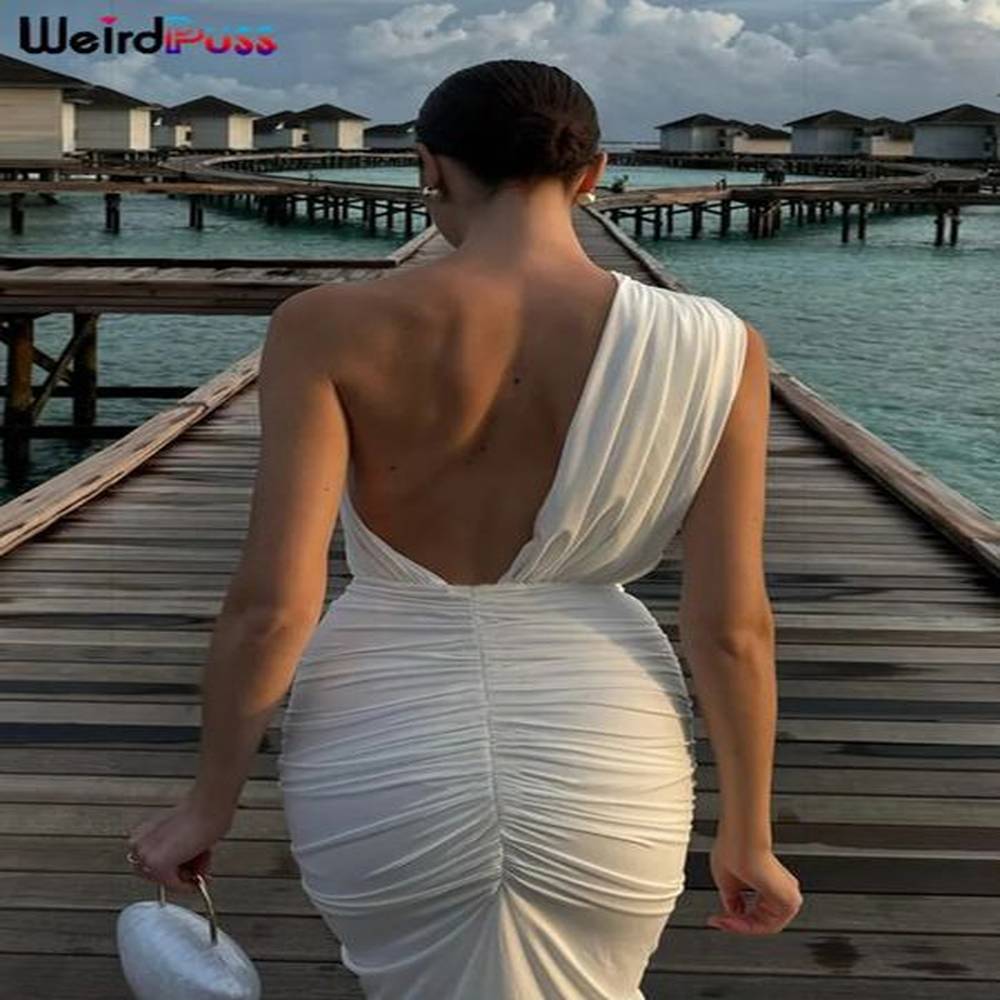 weird puss pleats backless dress women irregular diagonal collar hollow