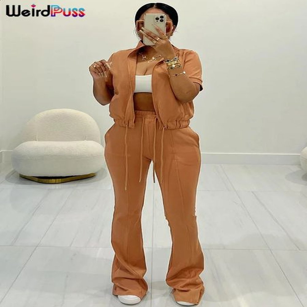 weird puss women tracksuit two piece set casual zip solid