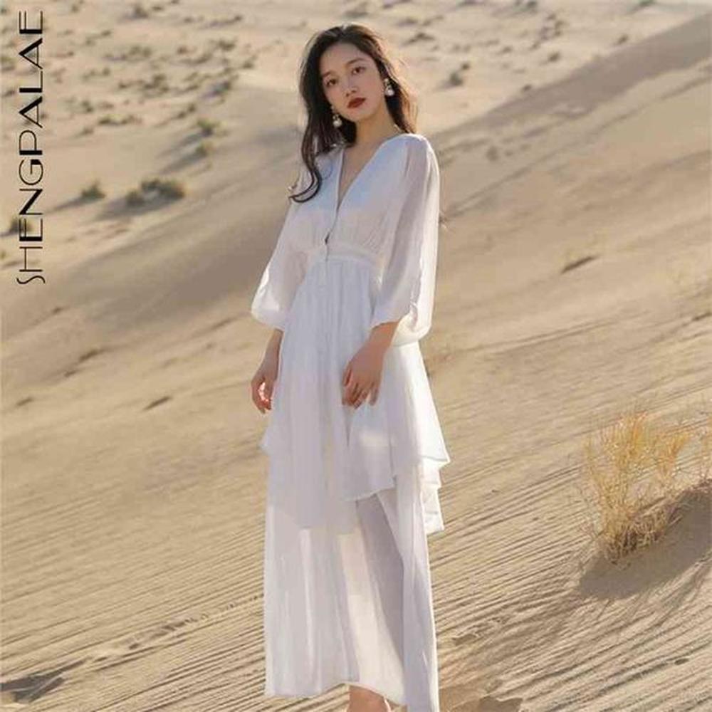 white beach dress womens summer vneck single breasted backless three