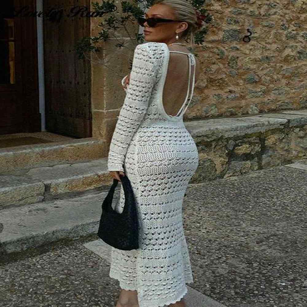 white hollow out beach club midi women sexy backless knit