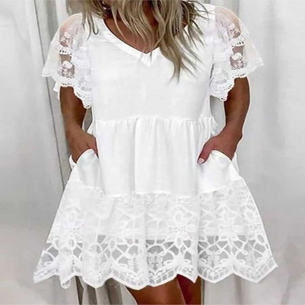 white lace patchwork dress for women summer casual vneck