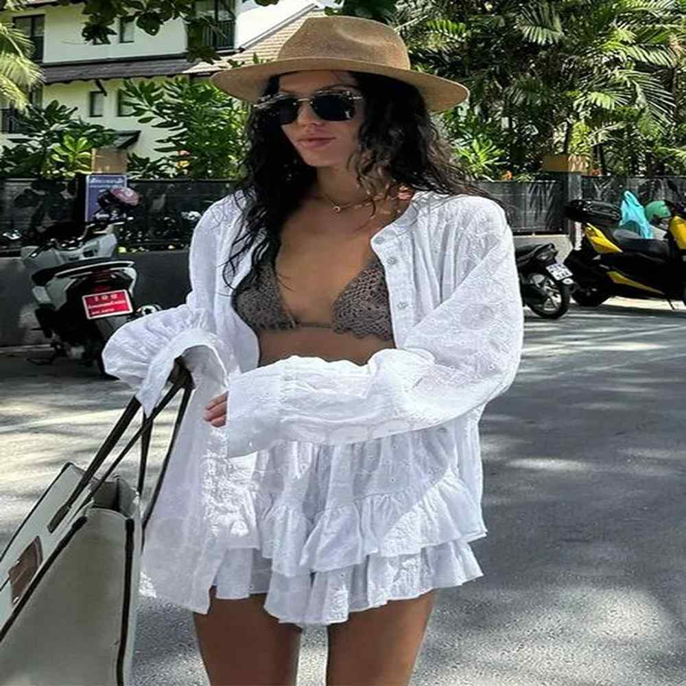 white long sleeved shirt jacket shorts sets summer female stand