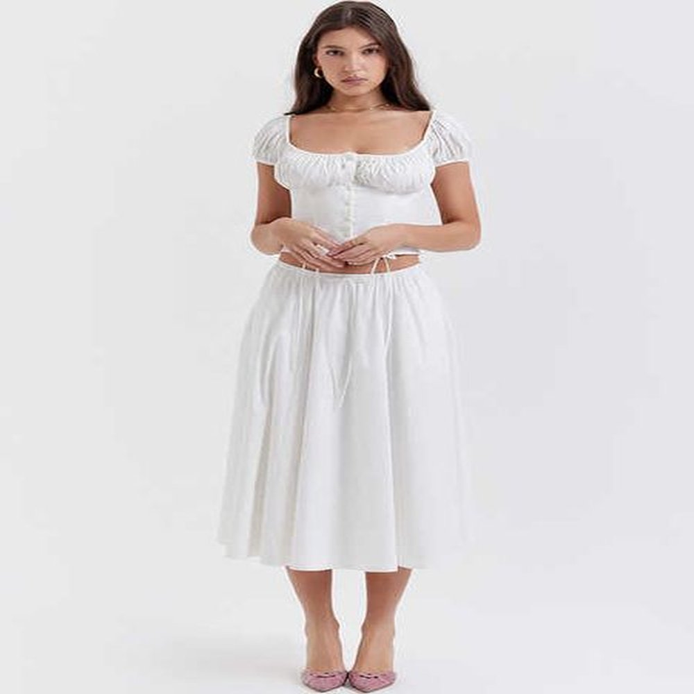 white short drawstring crop top and skirt piece set