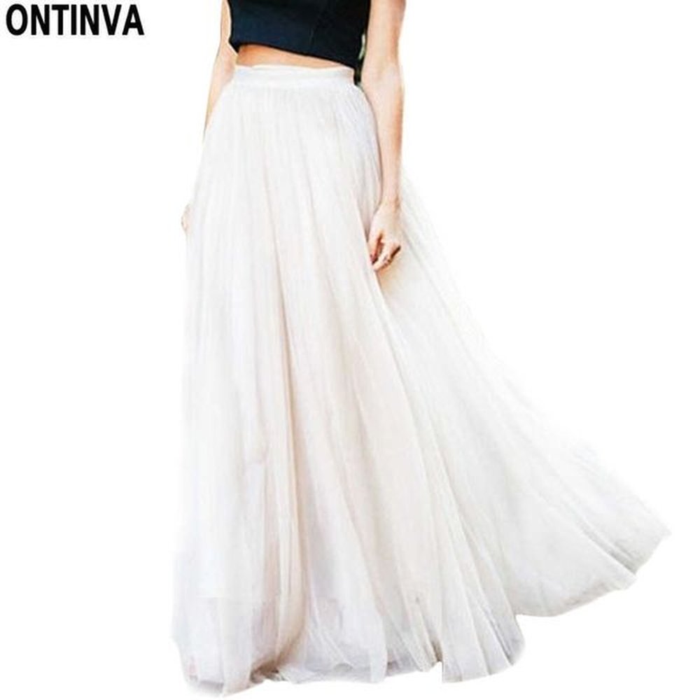 white tulle mesh pleated skirts casual women elastic high waist