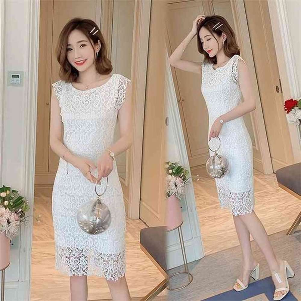 white watersoluble lace dress female summer slim slimming bag hip