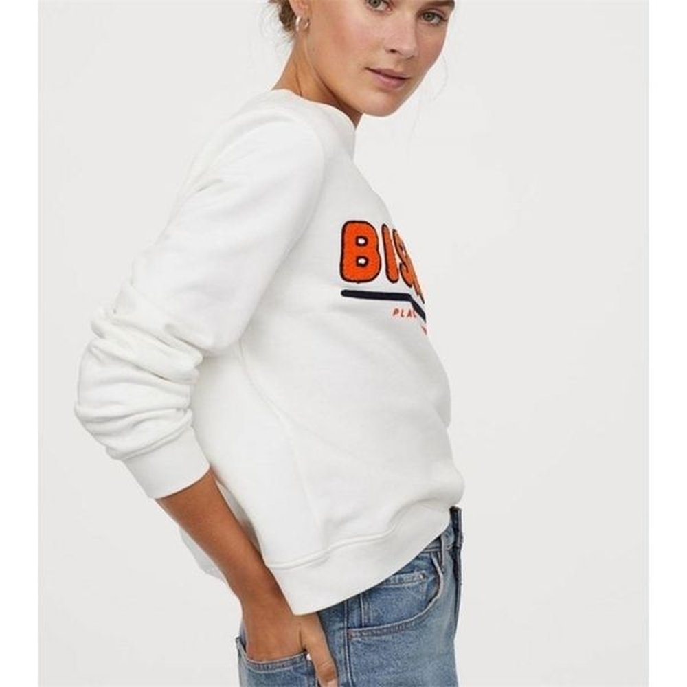 white women sweatshirt fabric soft sweatshirt motif in front and