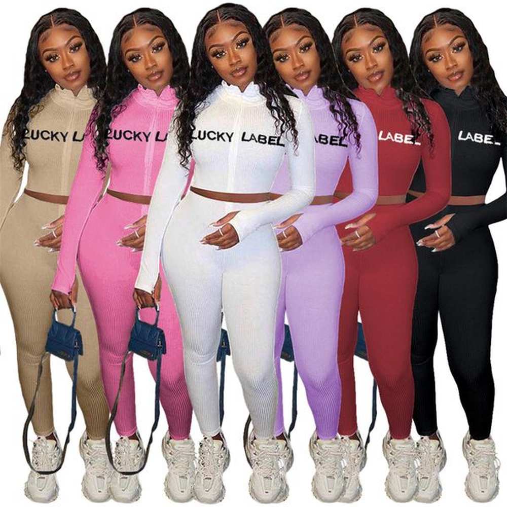 wholesale outfits women tracksuits ribbed two piece set fall