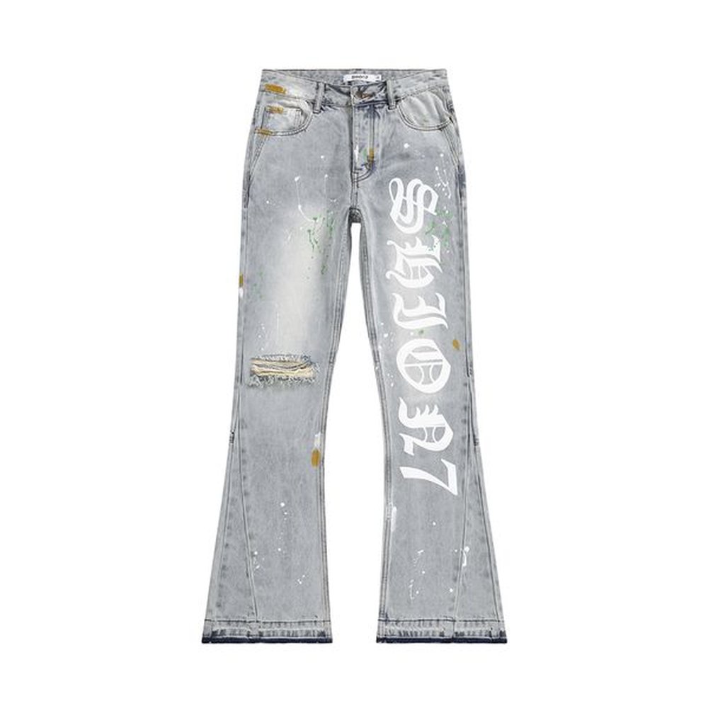 Wholesale Premium Stacked Jeans for Men, Relaxed Fit Bell Bottom Open Hem Ripped On Knee Denim Pants With Hand Paint