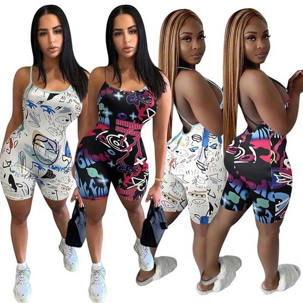 wholesale sexy backless jumpsuits women print rompers summer clothes casual