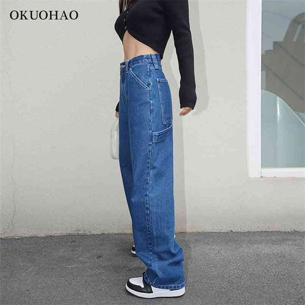 wide straight leg jeans woman high waist blue denim pants