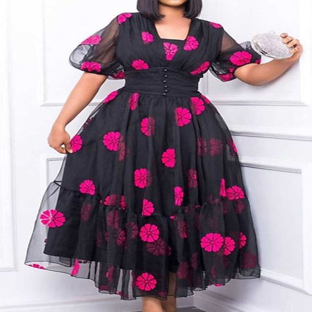 wife large holiday dress flower print vneck mesh sleeve short