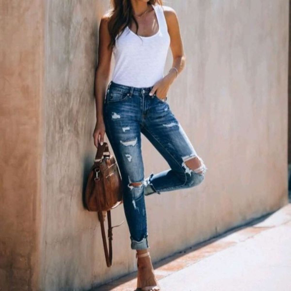 wind high waist elastic perforated small feet slim jeans female