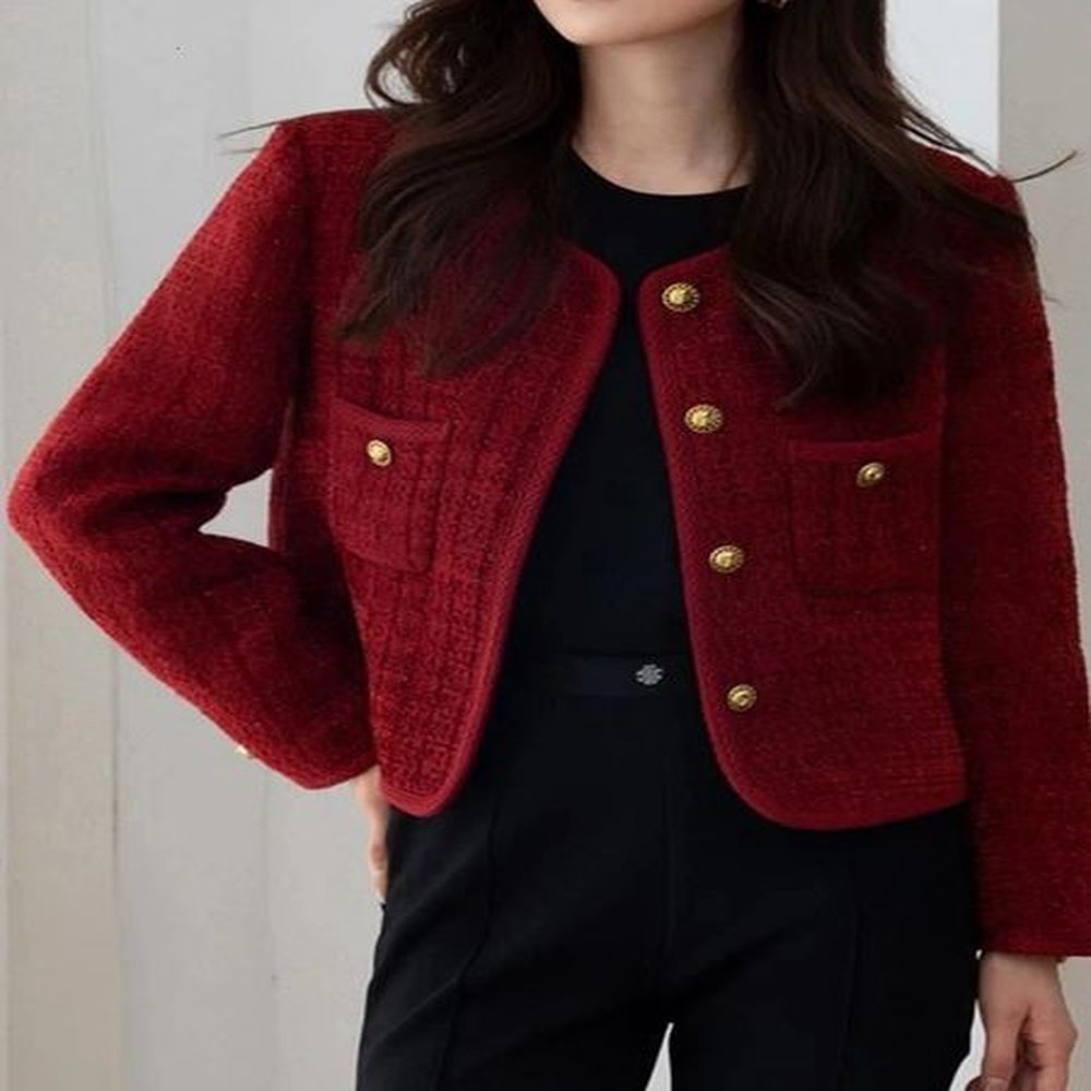 wine red womens jackets autumn and winter metal buckle short