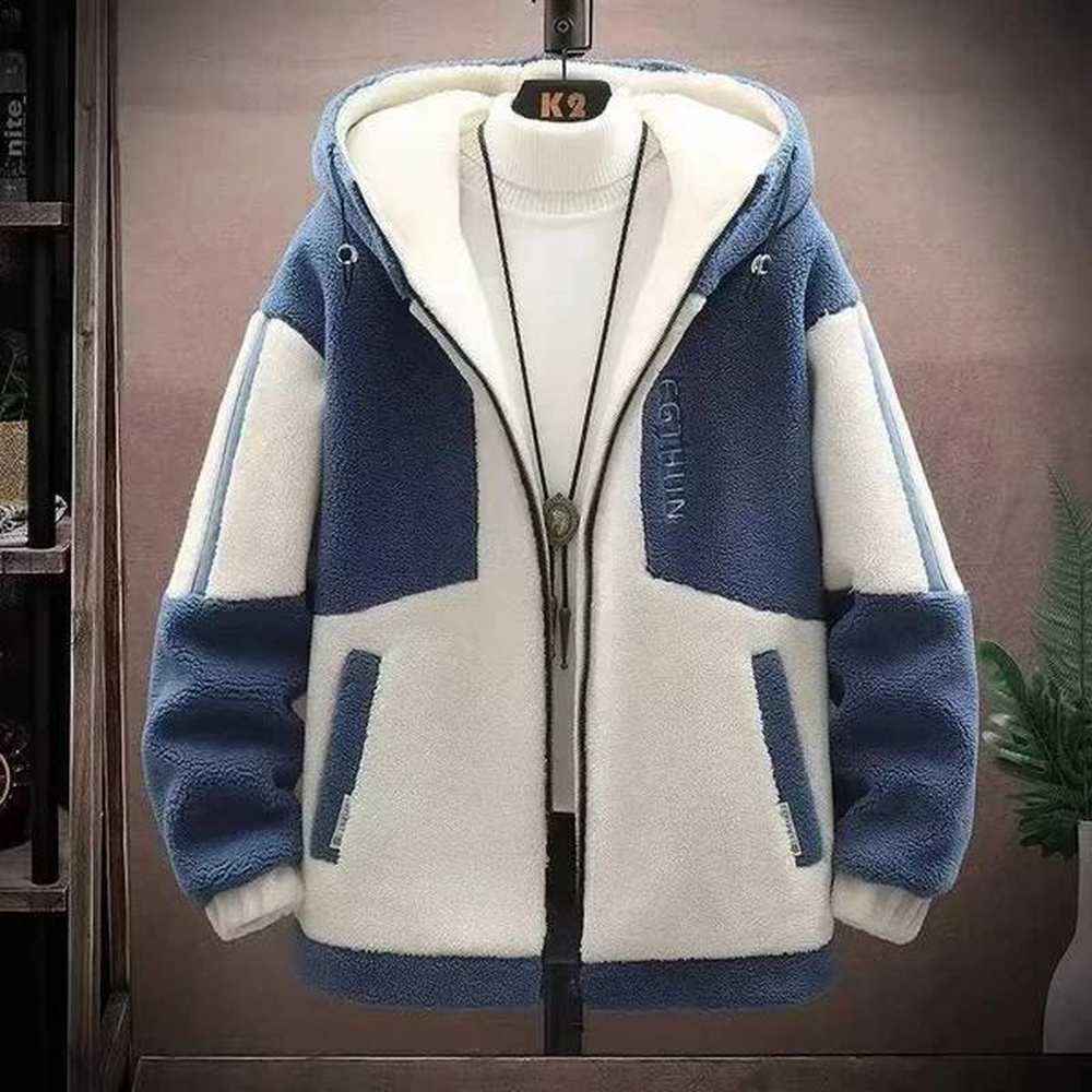 Winter and autumn granular Flce thick T-shirt mens jacket casual hooded Lambswool color matching Kp warm and fashionable W241024