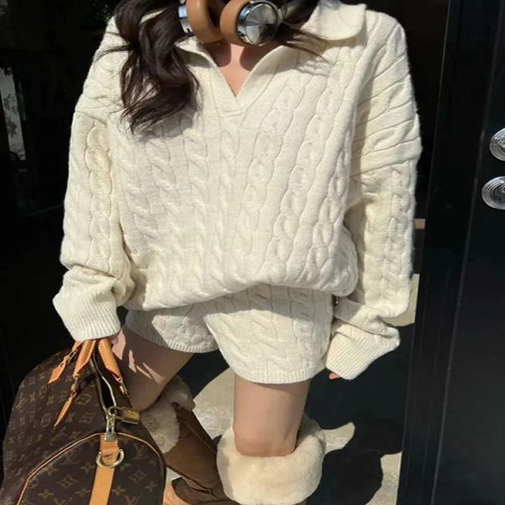 winter casual loose fit tracksuit oversized pullover long sleeve knitted