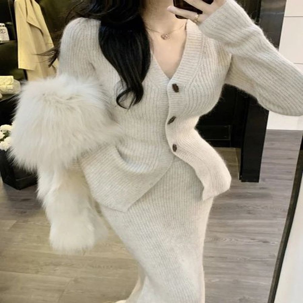 winter elegant vintage two piece set women solid knitted yk