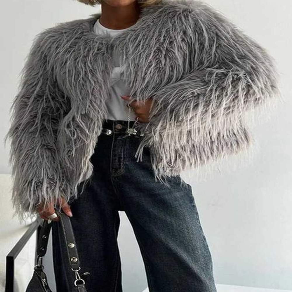winter fur coat women solid long sleeves oneck thicken warm