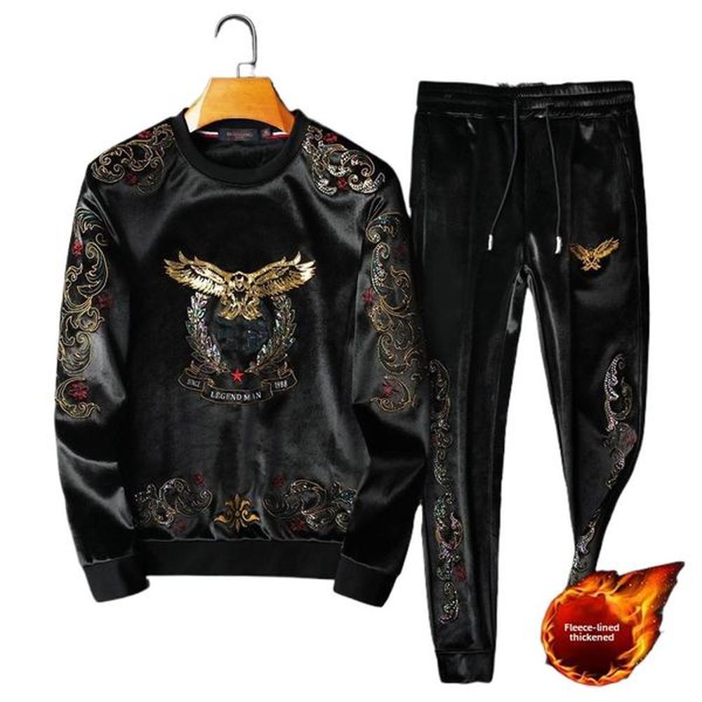 Winter Gold Leisure Sports Men's Trend Handsome Plus Veet Thickened Round Neck Sweater Pants Tide Two-Piece Suit