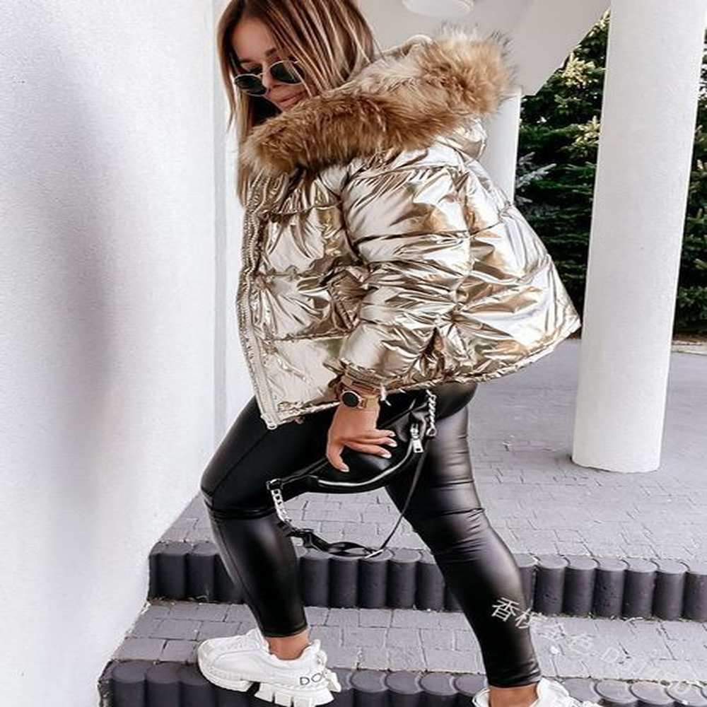winter hooded slim fit short cotton clothes bright pu solid