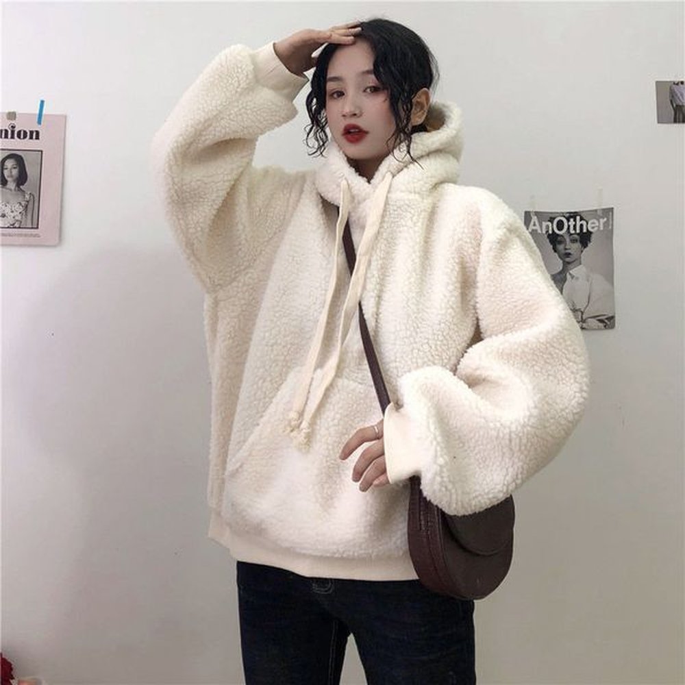winter lamb fleece hooded sweatshirt womens new item beige thick