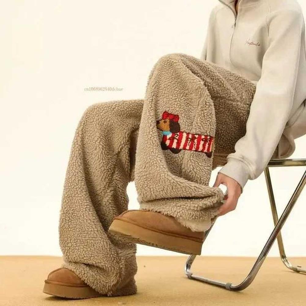 Winter Lambswool Sweatpants Men Women Cartoon Embroidered Padded Thicken Warm Casual Trousers Male Unisex Couple Straight Pants X241216