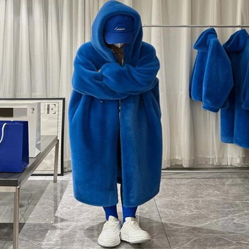 winter long oversized warm thick blue white fluffy faux fur