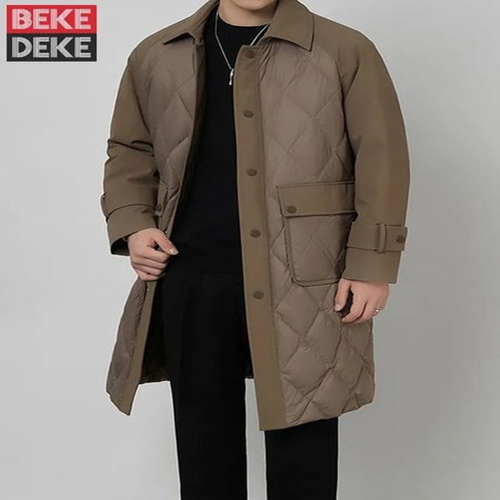 Winter mens spliced mid length white duck down jacket retro business mens work jacket single chest thick warm jacket 241122