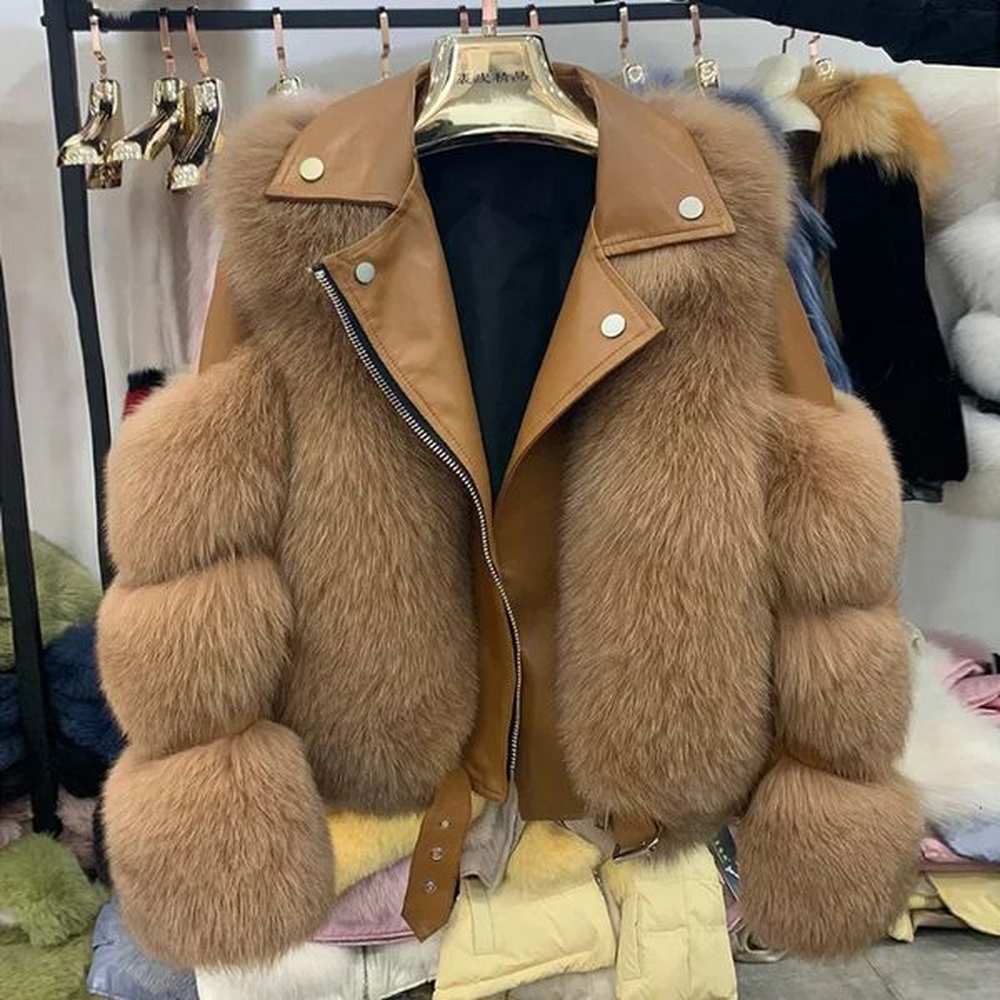 winter natural leather womens jacket fox fur coats genuine