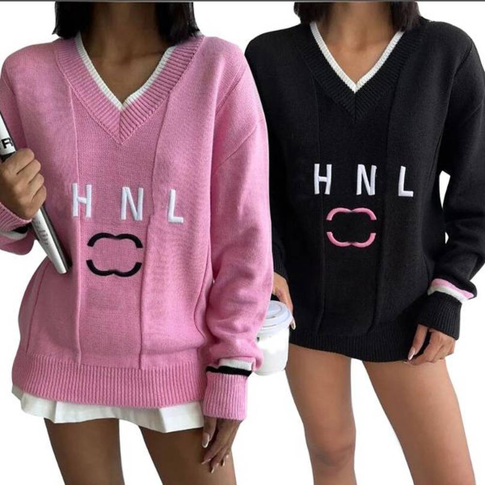 winter new embroidered sweater womens color blocked vneck knitted pullover