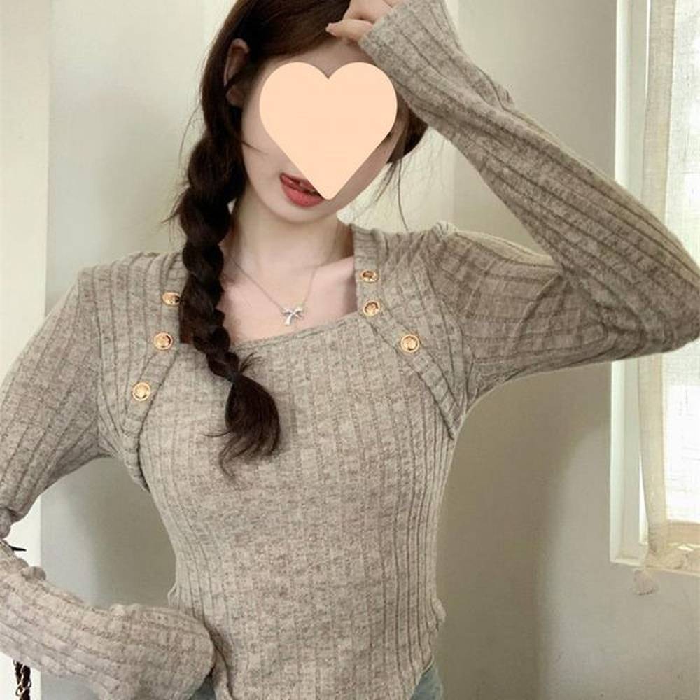 winter new french square collar long sleeved womens knitted sweater
