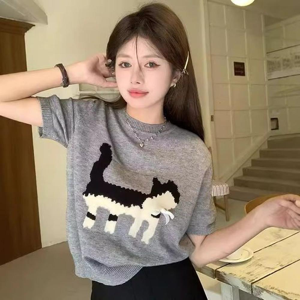 winter new grey jacquard womens tshirt loose round neck knitted