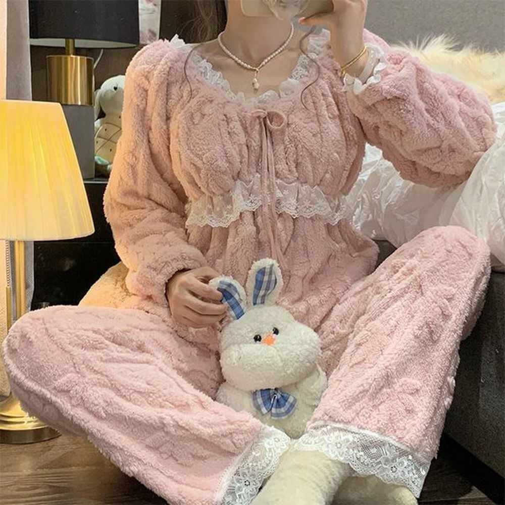 winter plush soft warm womens pajamas lace vneck long sleeve