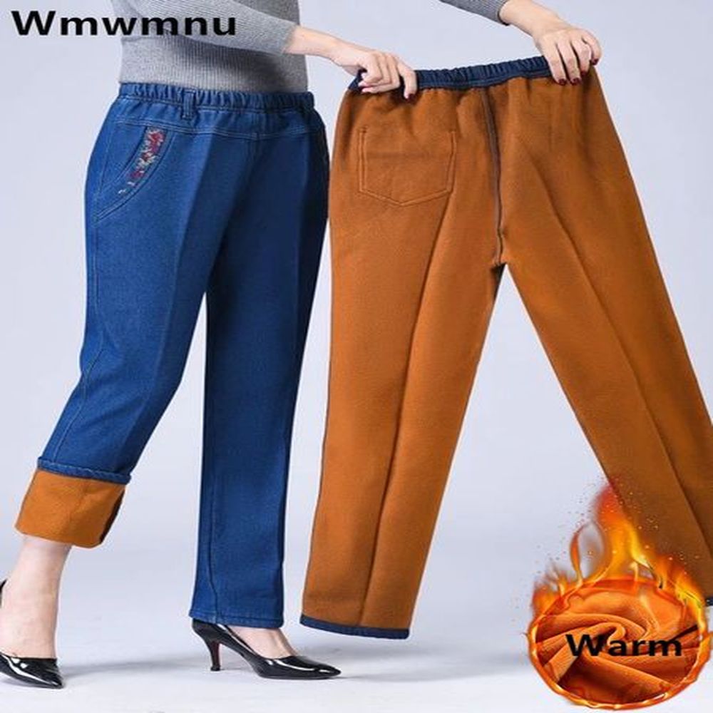 winter plush velvet lined jeans straight denim pants mom high
