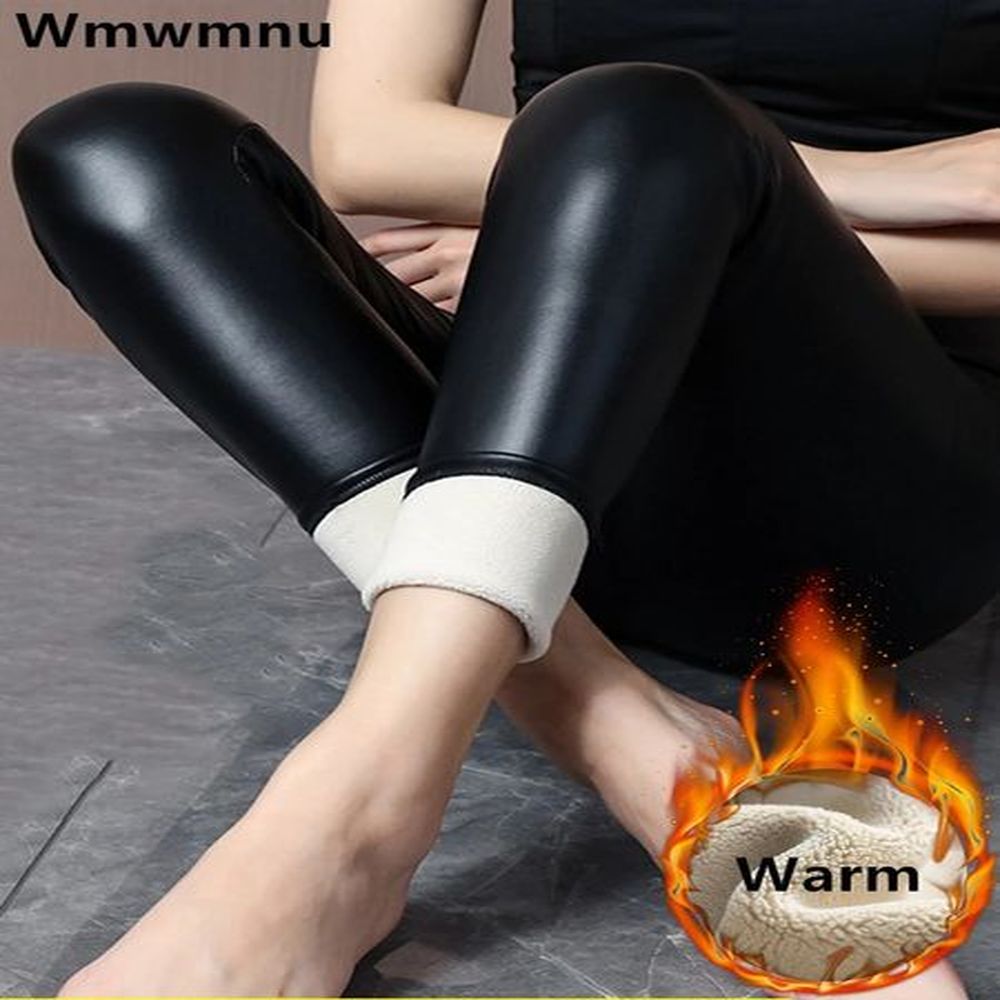 winter pu leather wool lined pants for women high waist
