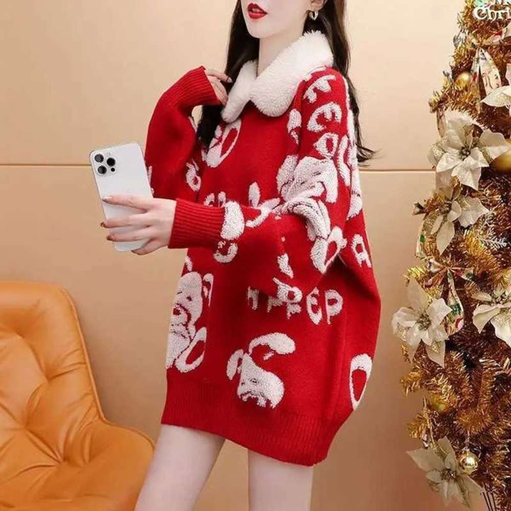 winter red christmas knitted sweater women fur turndown collar