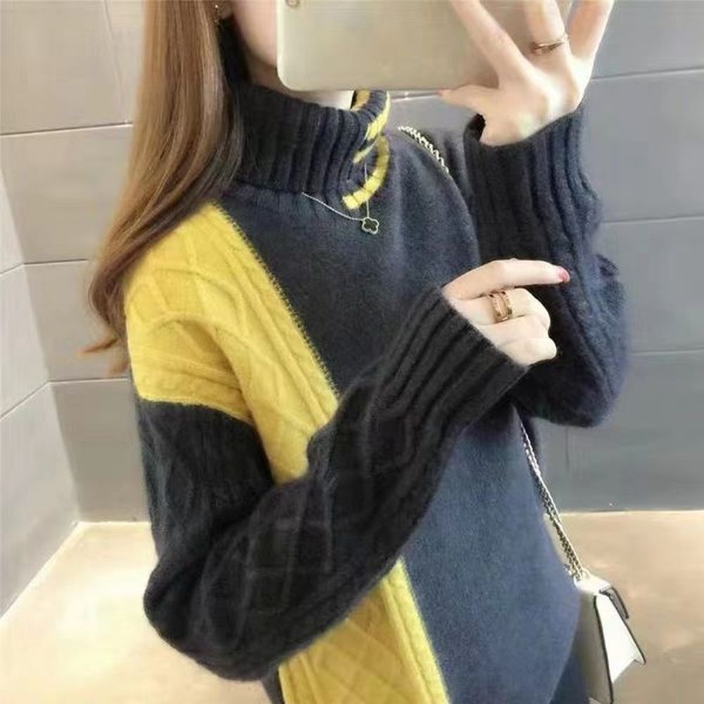 winter thick women turtleneck sweater fashion patchwork knitted pullover warm