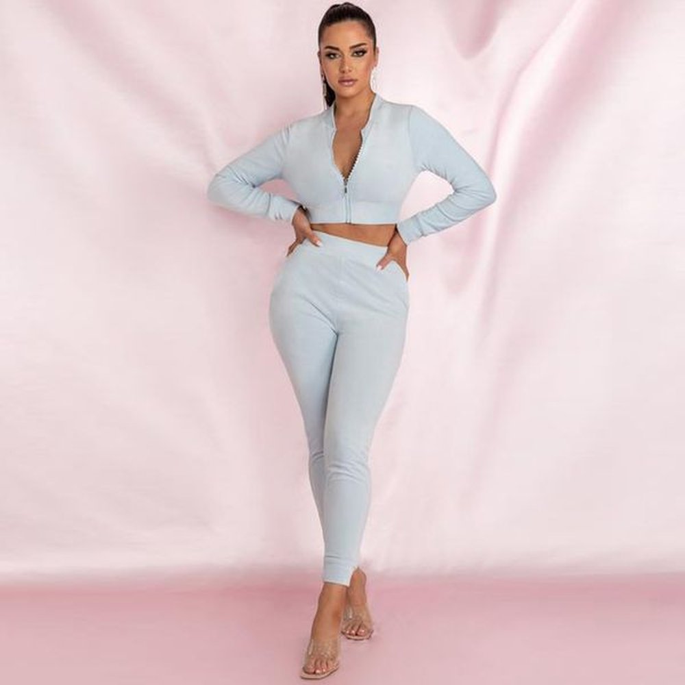 winter velvet crop jacket and tracksuit joggers two piece set