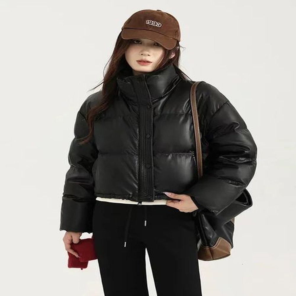 winter warm short parka yk fashion pu leather crop puffer