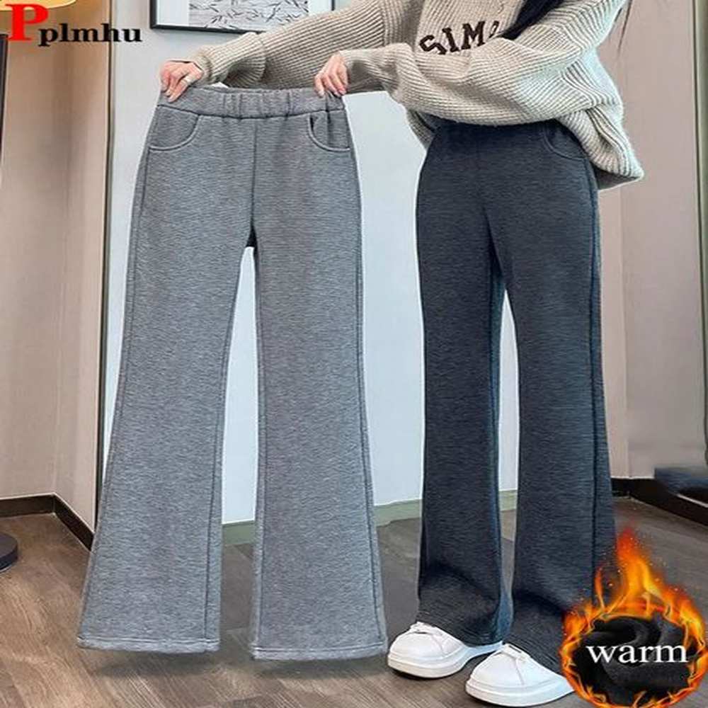 winter warm velvet lined wide leg pants womens elastic high