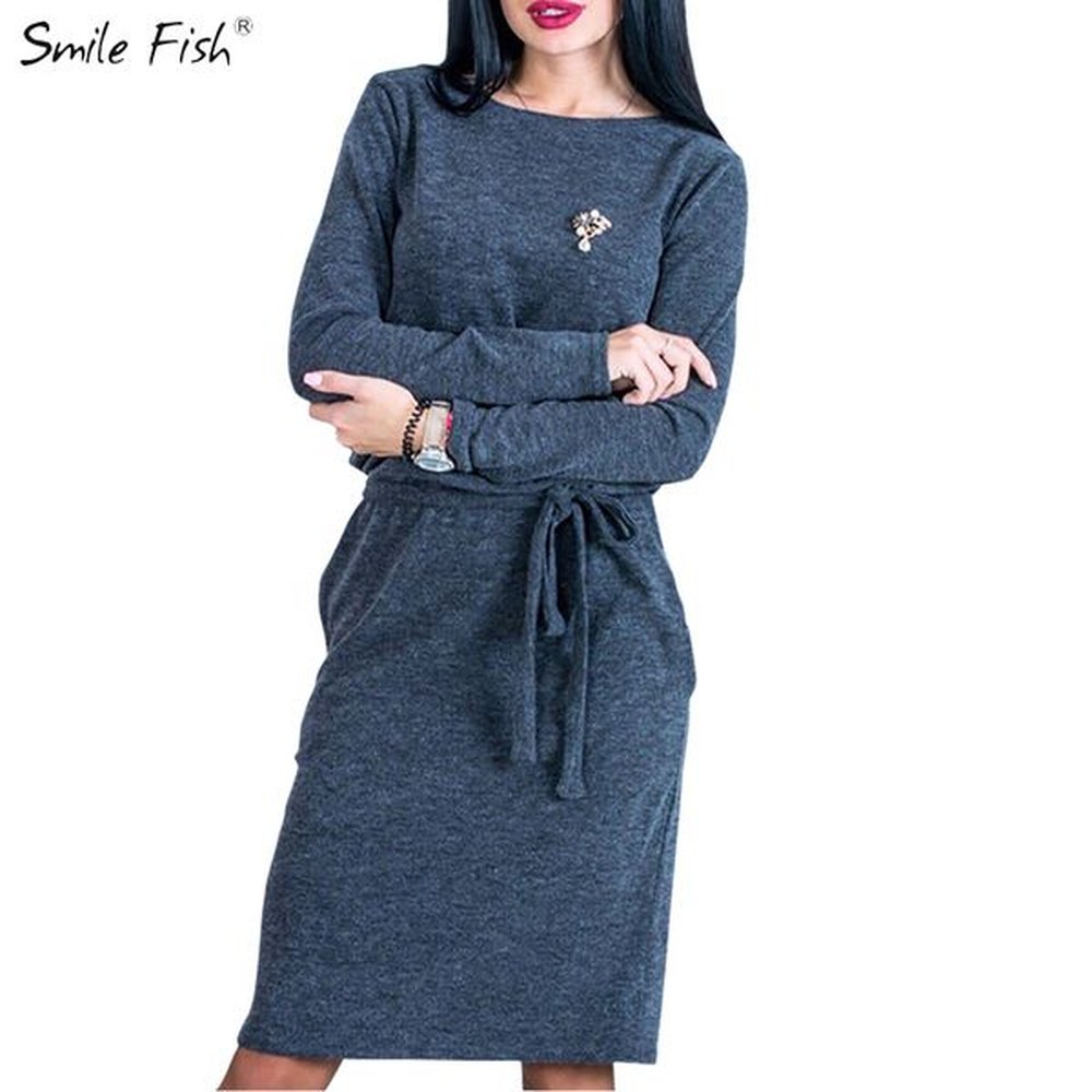 winter warm women midi dress slim spring long sleeve loose